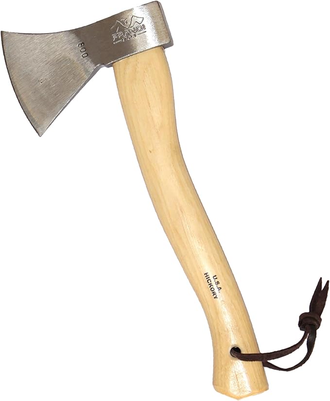 Prandi Axes German C45 Forged Carbon Steel Hatchet - Hickory Handle with Leather String - Ideal for Camping, Travel and Bushcraft - S/N 3.003.10.CH - 16" L x 6.85" W, 1000g Polished Head, No Sheath