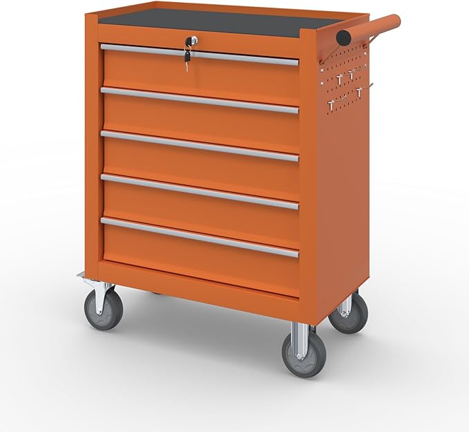 5-Drawer Rolling Tool Box, Metal Tool Chest with Wheels and Locking, Portable for Warehouse, Garage, Repair Shop, Workshop (Orange, 5-Drawer)