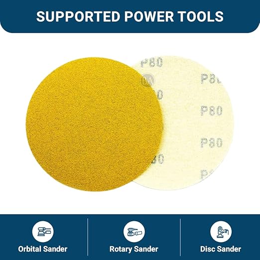 Benchmark Abrasives 5" Premium Aluminum Oxide Stearated Gold No Holes Hook and Loop Discs for Sanding of Metals Non-Ferrous Metals Wood Plastic Fiberglass (50 Discs) - Mixed Low Grits