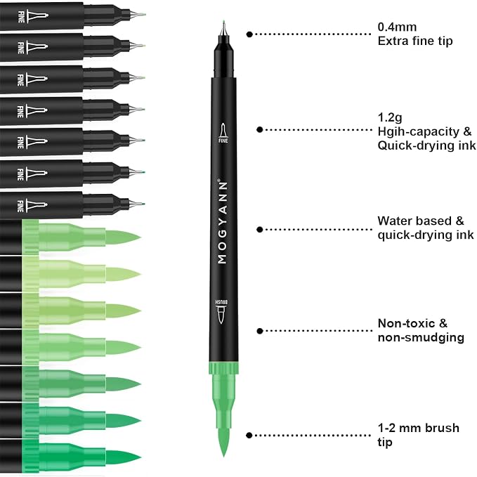 Green Markers, 12 Pack Dual Brush Pens Drawing Markers - Image 2
