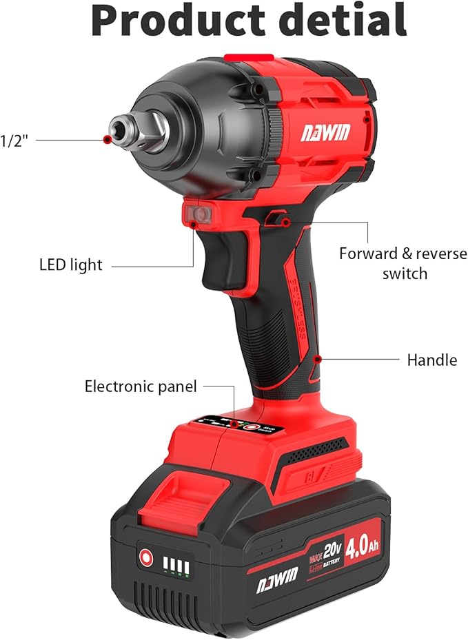 NAWIN Cordless Impact Wrench, 258Ft-lbs & 350Nm Power Impact Socket Set, 1/2 inch, Multi-Speed Adjustment, Led Light, 20V Impact Wrench with 1×4.0Ah Battery, Fast Charger