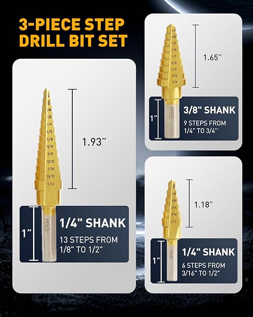 COMOWARE Step Drill Bit Set - Titanium Coated, Double Cutting Blades, High Speed Steel, Short Length Drill Bits Set of 3 pcs, Total 28 Sizes