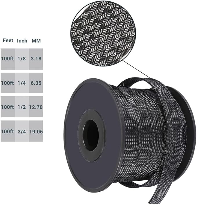 100ft-1/4inch PET Expandable Braided Sleeving Wire Loom Cable Sleeves Automotive Wire Sleeve Cable Management Wrap Wire Protector Tubing Desk Wire Organizer for Home, Office, Audio HDMI Cable, Black