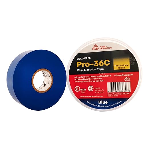 Avery Dennison Electrical Tape, 10 Rolls Professional Grade PVC Electric Tape, UL/CSA Listed ¾ in x 66 ft Insulating Vinyl Tape for Electrical, Repairs, Automotive and Equipment, Pro-36C, Blue