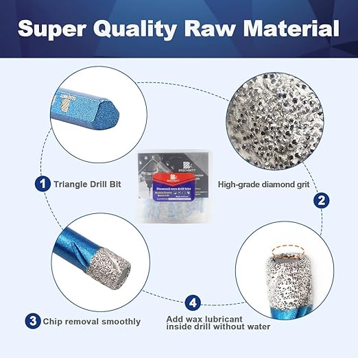 Dry Diamond Core Drill Bit Set,BRSCHNITT 1/4"*2,5/16",3/8" Diamond Hole Saw& 1/4"*3,5/16"*2,3/8" Carbide Drill bits with Triangle Shank for Porcelain Tile Ceramic Stone Granite Marble(10pcs)