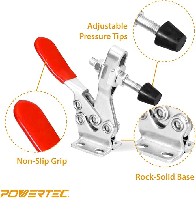 POWERTEC 8PK Toggle Clamp, 300 lbs Capacity, 201B Quick Release Horizontal Clamps w/Antislip Rubber Pressure Tip for Woodworking Jigs and Fixtures, Welding, Drill Press, Crosscut Sled (20327-P2)