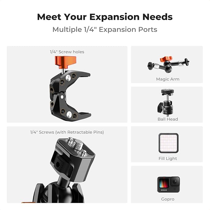 K&F Concept Double Super Clamp Mount, Camera Clamp Mount with 1/4" Threads Metal Clamp for Chair, Pole, Tripod, Desk, Photography Reflector, Flag, Umbrella, Motorcycle Mount