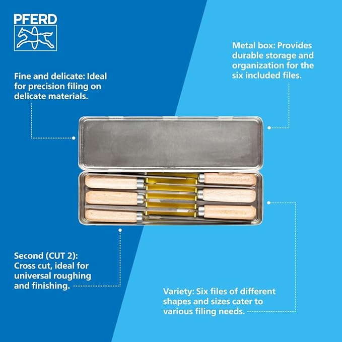 PFERD 4" Key File Set 265 K, 6-Piece – with Wooden Handles & Metal Storage Box – for Fine and Delicate Filing – Part 17010