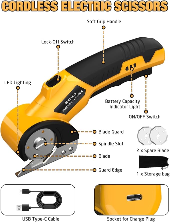 Cordless Electric Scissors,4V Rechargeable Cardboard Cutter Heavy Duty Scissor with Safety Lock & LED Light for Box Carpet Plastic Fabric(Yellow）