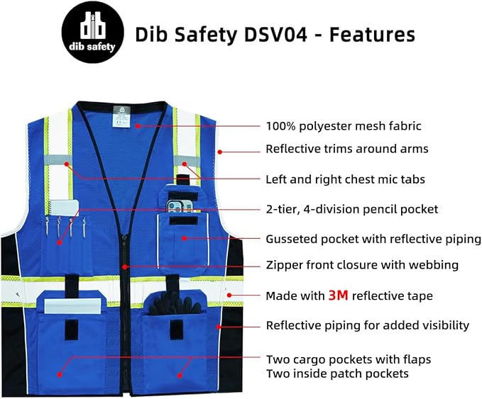 Dib Safety Vest Reflective Blue Mesh, High Visibility Vest with Pockets and Zipper, Heavy Duty Vest Made with 3M Reflective Tape M