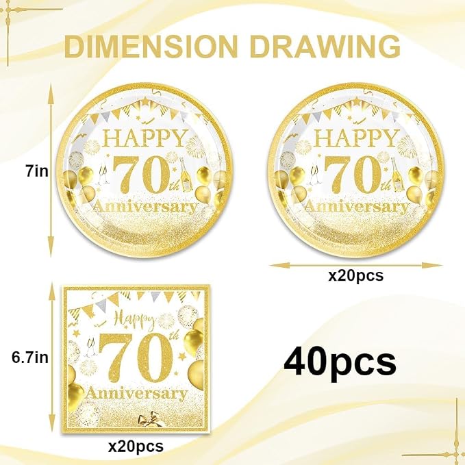 40 Pcs Modern Classic Gold 70th Plates and Napkins Set – 70th Plates Napkins - Image 2