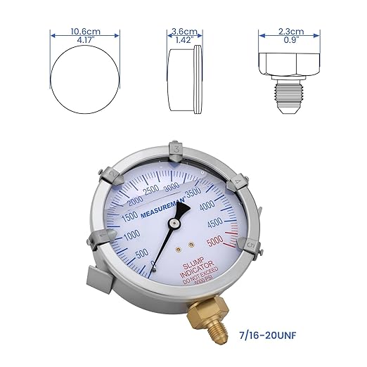 MEASUREMAN Concrete Pump Slump Indicator Gauge, 4 Inch Dial, 0-5000 PSI with 5 Adjustable Target Pointers, Glycerin Filled, 304 Stainless Steel Case, 7/16-20UNF Lower Mount