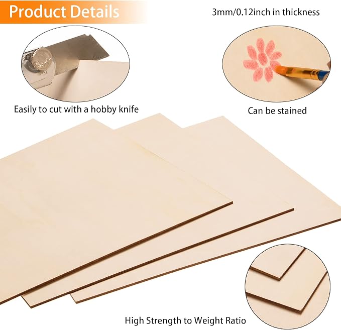 12 Pack Basswood Sheets for Crafts-12 x 12 x 1/8 Inch- 3mm Thick Plywood Sheets - Image 3
