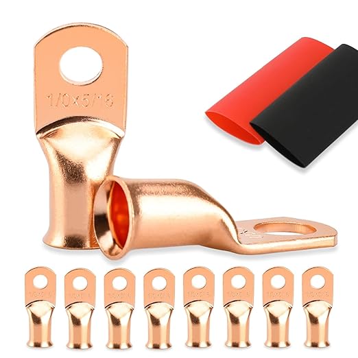 8PCS Battery Cable Ends, 1/0 Gauge Wire Connectors 5/16 Copper Wire Lugs, Bare Copper Eyelets with Heat Shrink Tubing by HOUSUN