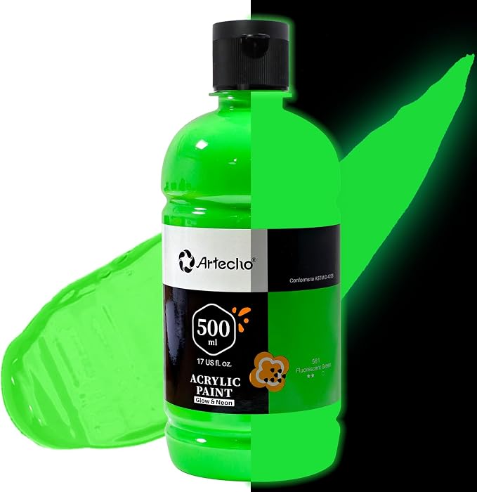 Artecho Green Glow in the Dark Acrylic Paint 500ml / 17oz Large Bottle | Semi by Artecho