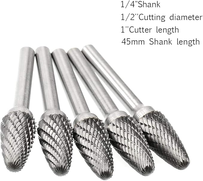 SF-5 Tungsten Carbide Burr Set Double Cut Rotary Burrs File(1/2” Cutter Dia X 1”Cutter Length) with 1/4'' (6.35mm) Shank for Die Grinder Drill Bits (Pack of 5)…