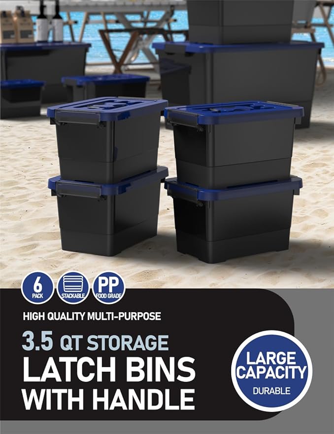 WYT Plastic Storage Bins with Lids and Latch, 6-Pack Small Stackable Plastic Organizing Box with Buckle and Handle, 3.5 Quart Durable Nestable Totes Containers (Black/Blue)
