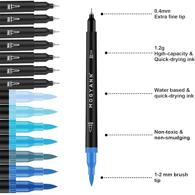 Blue Markers, 12 Pack Dual Brush Pens Drawing Markers - Image 2