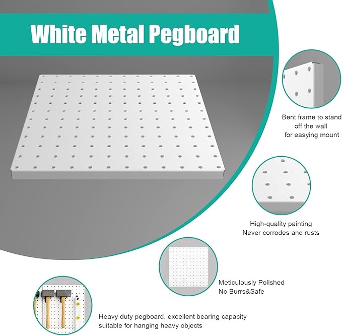 Peg Board, 4 Pack Metal Pegboard Panels White Pegboards Wall Organizer with Bent Frame Large Heavy Duty Peg Board for Walls Home, Garage Tool Storage, Office Organization, Craft Room, Kitchen
