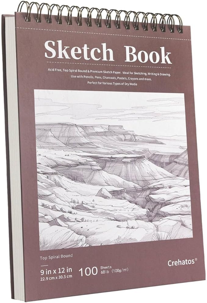 Crehatos 9" x 12" Sketch Book, Top Spiral Bound Sketch Pad, 100 Sheets by Crehatos