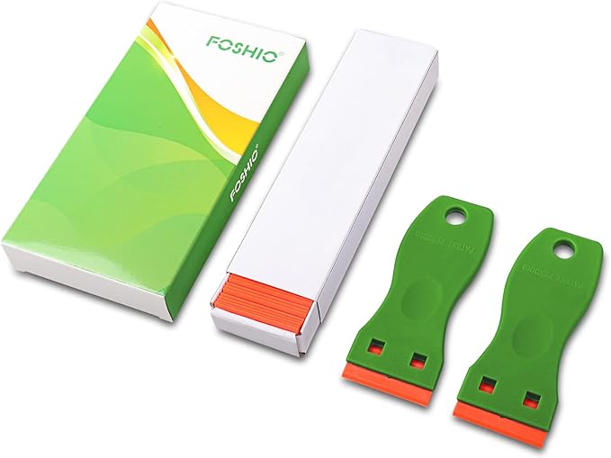 FOSHIO Plastic Razor Blade Scraper Include 2PCS Scraper Tool and 100PCS Blades for Gasket Remover, Labels Decal and Adhesive Remover for Windows and Glass,Green