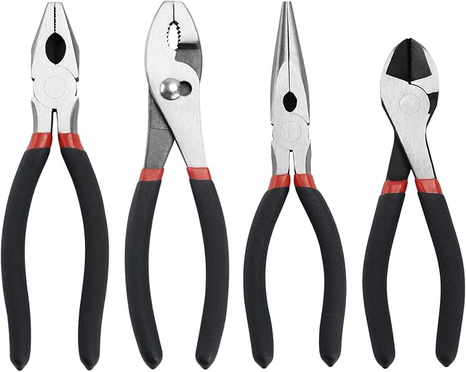4 Pack Precision Basics Pliers Set-8'' Slip Joint, Long Needle Nose Pliers, Lineman, And 7''Diagonal Pliers for DIY, Construction, Machinery, Home Maintenance and Garden Projects