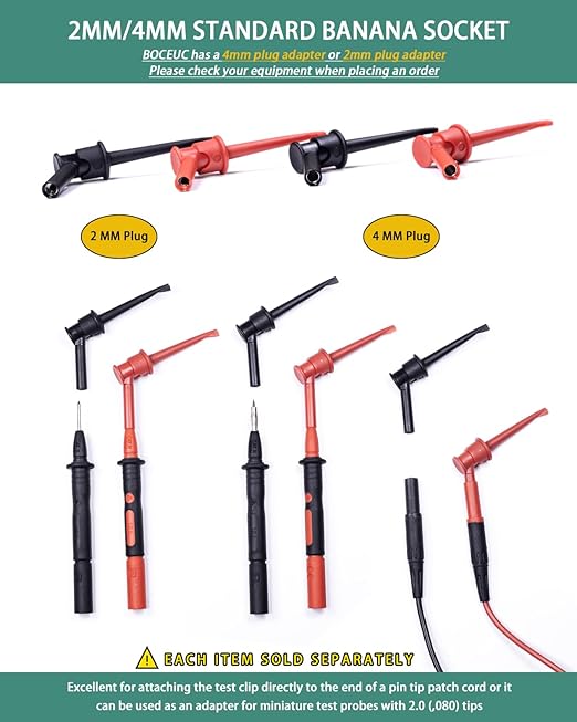 Mini Grabber Test Clip with 2MM Banana Jack, 2 PCS Multimeter Test Lead Hooks Clips Push on Test Probe Electronic Testing IC Grabber