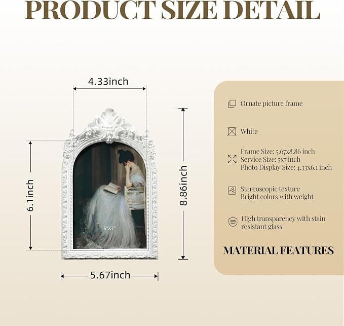 Cuspin 5x7 Picture Frame White Arched Frames, Vintage Ornate Resin Photo Frame - Image 5
