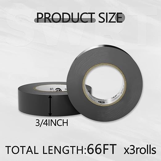 SWRT 0.75 in x 66 FT UL/CSA Listed Black Electrical Tape 7 mils -600V, 3 Pack Electric Tape Flame Retardant, Strong Adhesive, for Home DIY Electrical Repairs Professional Installations