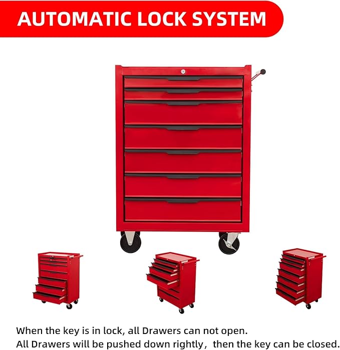 7-Drawer Rolling Tool Chest Cabinet, Large Capacity Metal Tool Box with Wheels and Keyed Locking, Roll Around Storage Organizer Tool Cart for Garage, Warehouse, Work Shop (Red)