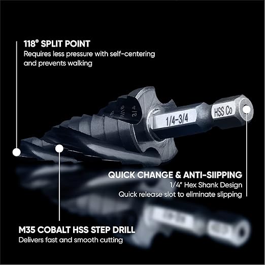 toolant Four Spiral Flute Cobalt Step Drill Bit(Pro), 1/4"-3/4" Impact Ready Unibit Step Drill Bit, 1/4" Hex Shank Step Bits for Metal, Stainless Steel, Aluminum, Plastic