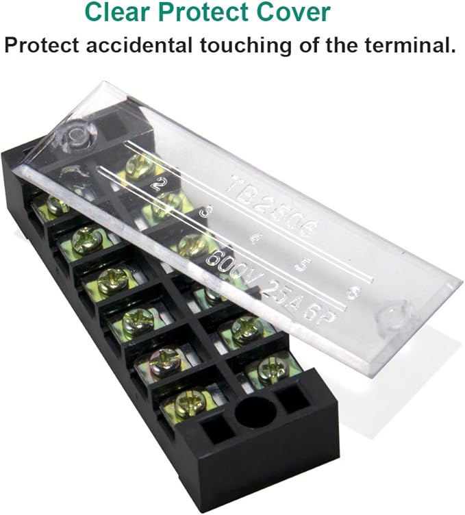 MILAPEAK Terminal Block and Strip - 5pcs 6 Positions 600V 25A Dual Row Screw Terminal Strip with Cover + 10pcs 400V 25A 6 Positions Pre-Insulated Terminal Barrier Jumper Strips Black & Red