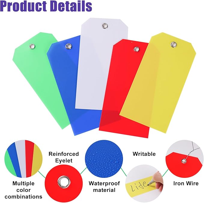 1000 PCS Plastic Shipping Tags with Wire, Waterproof Labeling Tags for Luggage, Inventory & Shelf, 5 Colors (Red, Yellow, Blue, Green, White), 4.72"x2.36", Includes 4 Markers and 1000 Iron Wires