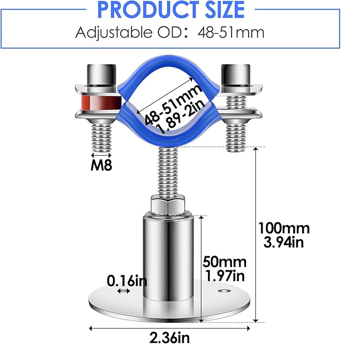 Adjustable Pipe Support Bracket 304 Stainless Steel - Wall Mount Pipe Support Heavy Duty Pipe Bracket Clamp with Screws 2PCS Pipe Strap Clamp for OD Pipe 48-51mm