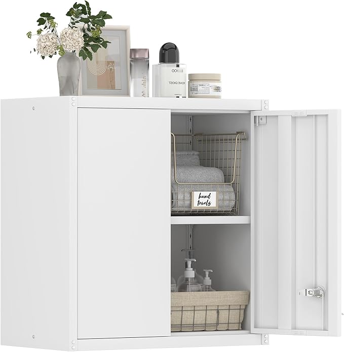 GREATMEET 27.95" H Metal Garage Storage Cabinets, Locking Storage Cabinet, Wall Mount Cabinet for Kitchen, Dining Room, White