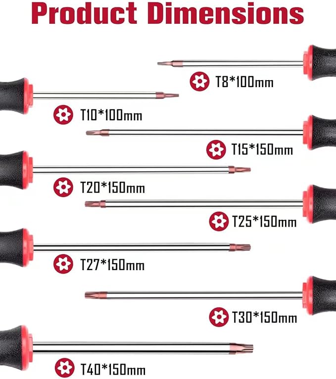 ROTATION 8PCS Magnetic Tip Torx Screwdriver Set, 8 Torx Star Screwdrivers, T8, T10, T15, T20, T25, T27, T30, T40 Red Tip | Red, Gloss, S2 Steel