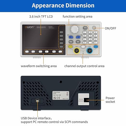 OWON DGE2035 Dual-Channel Arbitrary Waveform Generator, 35MHz Function Generator, 125MSa/s Sampling Rate, 14-bit Resolution, 3.6” TFT LCD, Signal Generator with AM/FM/FSK Modulation, PC Control