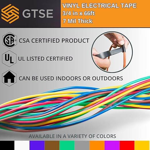 GTSE Mixed Colors Electrical Tape, 6 Pack – Waterproof, Industrial Grade Vinyl, 3/4 in x 66ft– Strong Self-Adhesive PVC Electric Tape for Wire Insulation, 7 Mil, 600V – UL/CSA Listed