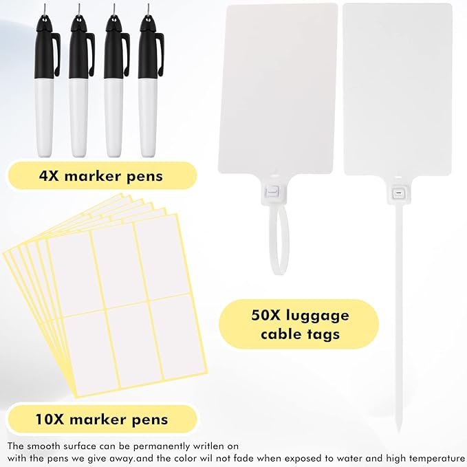 Pajean Waterproof Plastic Tags with Marker Pens and Sticker Labels, Self Locking Bag Writable Tags with Wire Cable Ties for Luggage(White,50 Pieces)