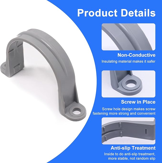 2 Inch PVC Pipe Strap, 2-Holes Conduit Pipe Clamps Plastic Pipe Supports (Grey, 10 Pcs)