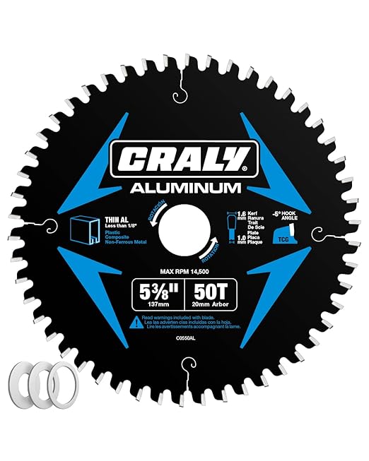 CRALY 5-3/8 Inch 50 Teeth Aluminum and Non-Ferrous Metal Cutting Circular Saw Blade, 20 mm Arbor, Carbide Tipped, Thin Kerf, Black Ice™ Coating, for Thin Aluminum, Plastic, Composite(C0550AL)