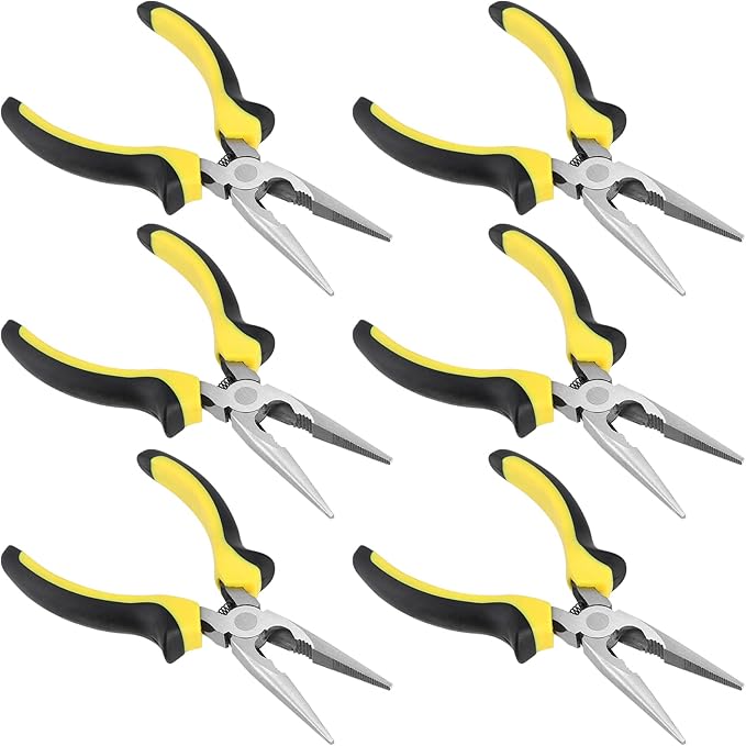 6 Pack 6 Inch Needle Nose Pliers, Spring Loaded Long Nose Pliers with Wire Cutter, Plastic Handle Needle Nose Pliers with Strippers for Cutter and Bending Wire, Black Yellow