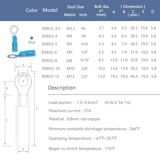 HKS 50 PCS Ring Terminals 3/8" Blue 16-14 AWG - M10 - Electrical Connectors - Heat Shrink Wire Connector Kit - Tinned Red Copper - Automotive Marine Ring Connectors - Waterproof and Insulated