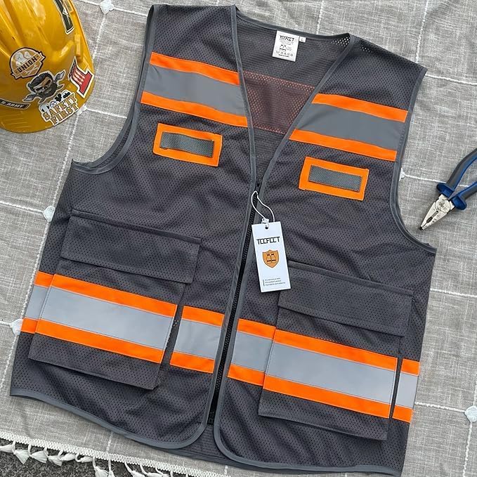 TCCFCCT Mesh Hi Vis Vest with Pockets High Visibility Reflective Safety Vest for Men Women, Construction Vest with Fluorescent Orange Extend Edge, Meets ANSI/ISEA Standards, Grey, 4XL