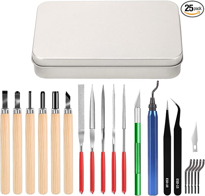 25pcs Precisio with Deburring Tool, Craft Knife,hand File,Carving Knife Suitable for sanding, carving, modeling, cutting, scraping,3D Printing Deburring kit