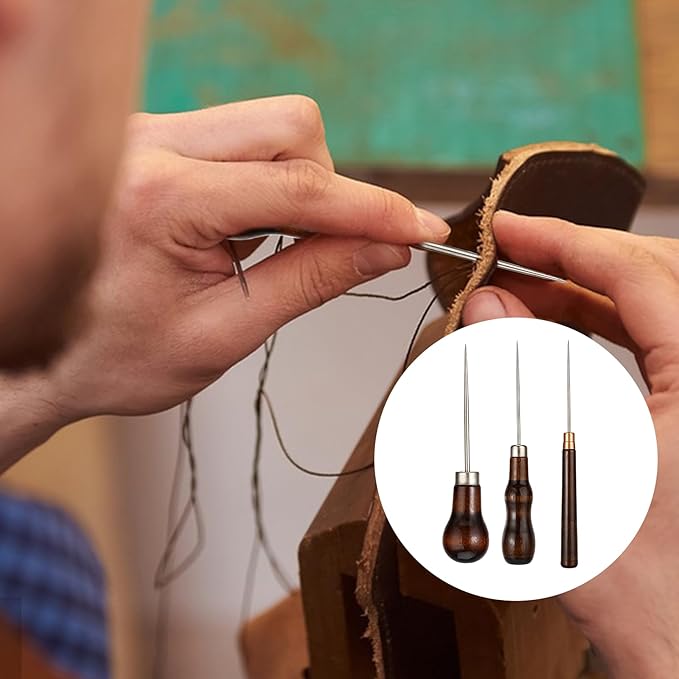 3 Pcs Awl Tool Set Scratch Awl Tool with Wooden Handle Gourd Piercing Bradawl Needle Tools Shape Pin Punching for Leather Punch Hole Craft Repair Shoes (Reddish Brown)
