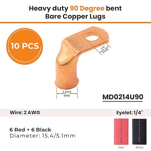SELTERM 10pcs - 2 AWG 1/4" Stud - 90° Bent Battery Lugs - Ring Terminal Connectors with 12pcs 3:1 Black & Red 5/8" Heat Shrink Tubing - Heavy Duty Battery Cable Ends - Bare Copper Wire Connectors Kit