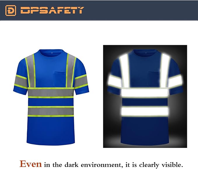 High Visibility Shirts Quick Dry Safety T Shirts with Reflective Strips and Pocket Short Sleeve Mesh Hi Vis Construction Work Class 2 Shirt for Men/Women Blue,2XL
