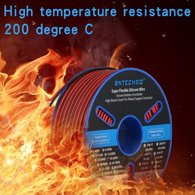 BNTECHGO 16 Gauge Flexible 2 Conductor Parallel Silicone Wire Spool Red Black High Resistant 200 deg C 600V for Single Color LED Strip Extension Cable Cord,Model,250ft Stranded Tinned Copper Wire