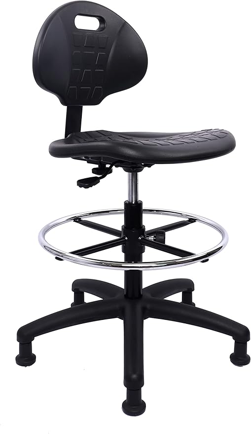 Chair Master Heavy Duty Drafting Stool - Easy to Clean! Ergonomic Polyurethane Chair. Seat Height Adjustable w/Footring for Home, Automotive, Lab, Cleanroom (Glides, Tall Stool).